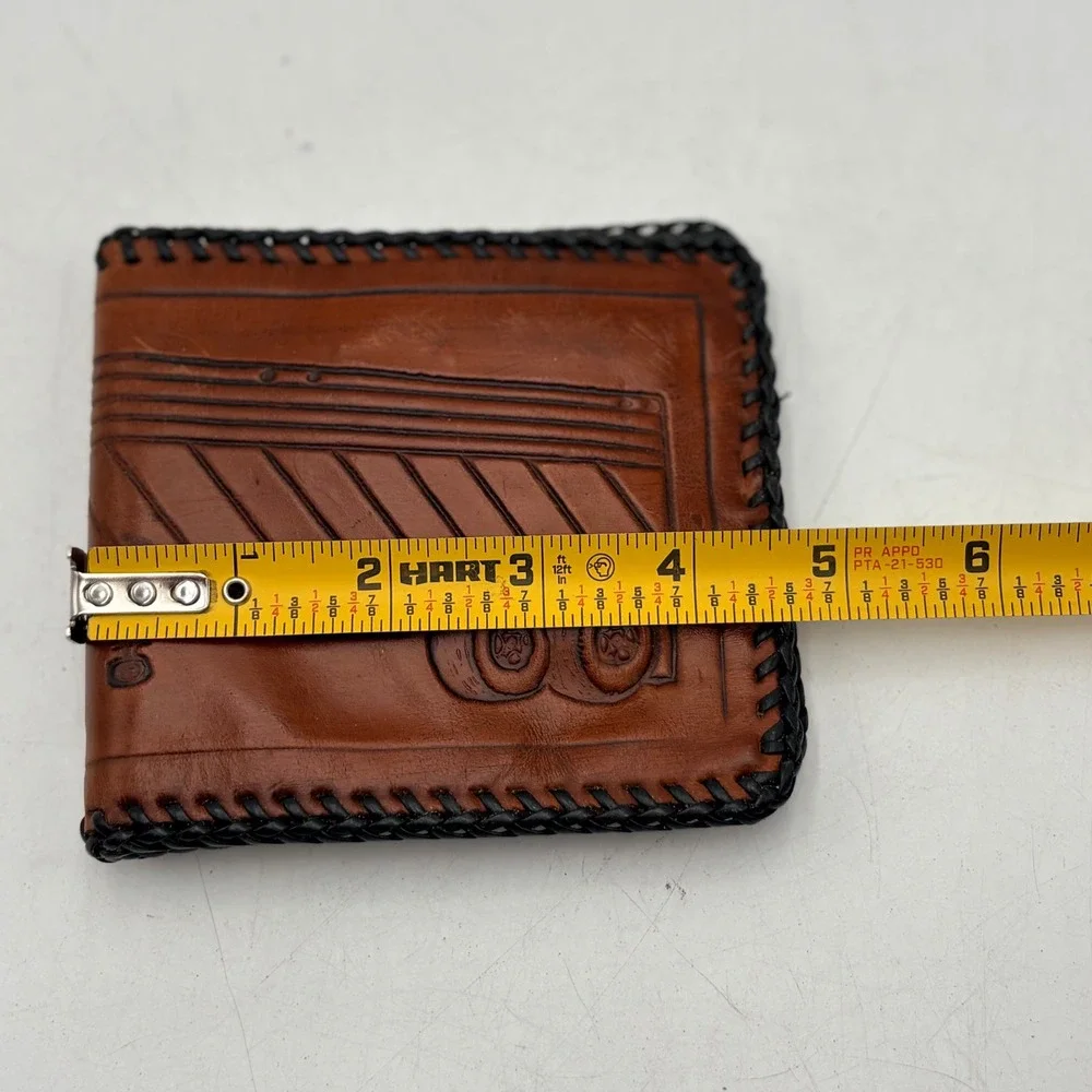 Vintage Hand Tooled Brown Leather Trucker Wallet Bifold Semi Truck Whipstitch